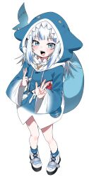 Rule 34 | 1girl, :d, absurdres, animal hood, blue eyes, blue hair, blue hoodie, blue socks, blush, commentary request, double w, drawstring, fins, fish tail, full body, gawr gura, gawr gura (1st costume), highres, hololive, hololive english, hood, hood up, hoodie, multicolored hair, open mouth, shark girl, shark hood, shark tail, sharp teeth, shoes, simple background, smile, socks, solo, standing, streaked hair, tail, teeth, tosyeo, virtual youtuber, w, white background, white footwear, white hair