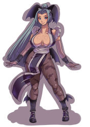 Rule 34 | 1girl, :3, adapted costume, animal print, artist request, bad id, bad pixiv id, bat print, blue eyes, bow, breasts, capcom, cleavage, cosplay, fatal fury, female focus, green hair, hair bow, head wings, large breasts, long hair, morrigan aensland, pantyhose, patterned legwear, pelvic curtain, ponytail, print pantyhose, sashizume soutarou, shiranui mai, shiranui mai (cosplay), snk, solo, standing, tabi, the king of fighters, vampire (game), wings