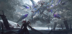 Rule 34 | 1boy, absurdres, animal skeleton, armor, cloud, cloudy sky, comic, dragon, duel monster, feet out of frame, from behind, full armor, highres, holding, holding weapon, leo-dont-want-to-be-a-painter, mirrorjade the iceblade dragon, outdoors, planted, planted sword, planted weapon, plume, red eyes, sky, snowing, sword, swordsoul sinister sovereign - qixing longyuan, weapon, yu-gi-oh!