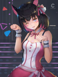 Rule 34 | 1girl, absurdres, azki (3rd costume) (hololive), azki (hololive), black hair, breasts, cleavage, collarbone, colored inner hair, detached collar, highres, hololive, idol clothes, kemonomimi mode, medium breasts, multicolored hair, one eye closed, open mouth, paw pose, pink hair, pink skirt, purple eyes, short hair, skirt, smile, solo, virtual youtuber, wrist cuffs, yan guang aoxiang