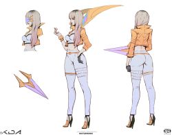 Rule 34 | 1girl, ass, banned artist, black gloves, blunt bangs, bracelet, breasts, concept art, gloves, gradient hair, grey hair, hair over shoulder, hand up, high heels, highres, holding, jacket, jewelry, kai&#039;sa, league of legends, long hair, medium breasts, microphone, midriff, multicolored hair, multiple views, navel, open clothes, open jacket, orange jacket, pants, simple background, single glove, skin tight, standing, white background, white bustier, white pants, zeronis
