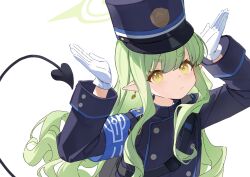 Rule 34 | 1girl, :&lt;, armband, black jacket, blue archive, blue armband, blue hat, blush, buttoned cuffs, buttons, collared jacket, demon tail, double-breasted, earrings, gloves, green hair, hair between eyes, halo, hat, hikari (blue archive), highres, jacket, jewelry, long hair, long sleeves, looking at viewer, miebao, pointy ears, rabbit pose, shako cap, shoulder boards, sidelocks, simple background, sleeve cuffs, solo, tail, upper body, v-shaped eyebrows, wavy hair, white background, white gloves, yellow eyes