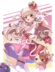 Rule 34 | 1girl, :d, absurdres, armband, belt, blush, rabbit hair ornament, cowboy shot, crown, dress, fang, hair ornament, highres, holding, holding microphone, huge filesize, idol, light brown hair, long hair, looking at viewer, microphone, natori sana, neko7, open mouth, pink dress, red eyes, sana channel, short dress, skin fang, smile, solo, thighhighs, tilted headwear, two side up, vest, virtual youtuber, white background, white thighhighs