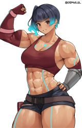 Rule 34 | abs, absurdres, belt, belt pouch, biceps, breasts, brown eyes, cleavage, commission, cowboy shot, cromwellb, crop top, elbow gloves, fiery hair, flexing, gloves, glowing lines, highres, large breasts, multicolored hair, muscular, muscular female, pixiv commission, pouch, sena (xenoblade), short hair, shorts, sports bra, twitter username, two-tone hair, xenoblade chronicles (series), xenoblade chronicles 3