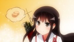 Rule 34 | 10s, 1girl, akagi (kancolle), archery, arrow (projectile), bad id, bad pixiv id, bow (weapon), brown eyes, brown hair, drooling, food, gradient background, hungry, japanese clothes, kantai collection, kyuudou, long hair, mikomiko (mikomikosu), polka dot, quiver, radio antenna, solo, spoken food, weapon