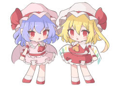 Rule 34 | 2girls, absurdres, ascot, blonde hair, blush, chibi, crystal wings, embodiment of scarlet devil, flandre scarlet, full body, hat, hat ribbon, highres, mob cap, multiple girls, npoin, open mouth, purple hair, red ascot, red eyes, red ribbon, remilia scarlet, ribbon, short hair, side ponytail, simple background, touhou, white background, yellow ascot