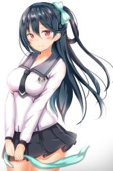 Rule 34 | 1girl, aqua bow, bad id, bad twitter id, black hair, black necktie, black skirt, blush, bow, breasts, closed mouth, collared shirt, commentary request, cowboy shot, gradient background, hair between eyes, hair bow, hair rings, highres, holding, holding ribbon, impossible clothes, impossible shirt, long hair, long sleeves, looking at viewer, medium breasts, miniskirt, necktie, one side up, phantasy star, phantasy star online 2, pleated skirt, red eyes, ribbon, school uniform, shirt, short necktie, sidelocks, skirt, smile, solo, standing, washinomiya koori, white background, white shirt, yuano