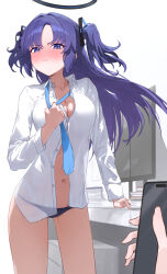 Rule 34 | 1girl, bare legs, black panties, blue archive, blue eyes, blue necktie, blush, breasts, cellphone, cleavage, closed mouth, collared shirt, dress shirt, el tenshi, embarrassed, floating hair, frown, hair ornament, highres, holding, holding phone, indoors, long hair, long sleeves, looking at viewer, medium breasts, navel, necktie, open clothes, open shirt, panties, phone, purple hair, shirt, smartphone, solo focus, twintails, underwear, undressing, white shirt, wing collar, yuuka (blue archive)
