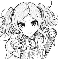 Rule 34 | 1girl, armor, breastplate, closed mouth, cynthia (fire emblem), eyelashes, fire emblem, fire emblem awakening, gauntlets, looking at viewer, monochrome, nintendo, scarf, shoulder armor, simple background, smile, solo, ten (tenchan man), twintails, upper body, white background