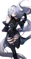 Rule 34 | 1girl, absurdres, arknights, arm behind back, ascot, bare shoulders, black ascot, black gloves, black thighhighs, breasts, closed eyes, detached sleeves, dress, foot out of frame, frilled sleeves, frills, gloves, grey dress, hair between eyes, hand up, highres, korean commentary, leg up, long hair, long sleeves, md5 mismatch, medium breasts, nmu, parted lips, resolution mismatch, silver hair, simple background, skadi (arknights), skadi (elite ii) (arknights), sleeveless, solo, source smaller, standing, standing on one leg, thigh strap, thighhighs, very long hair, white background