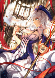 Rule 34 | 1girl, aqua eyes, bare shoulders, bird, blue dress, breasts, church, cleavage, cross, crucifix, detached sleeves, dress, hat, highres, indoors, jewelry, official art, original, pigeon, polearm, ribbon, ring, silver hair, skade, smile, solo, weapon, white dress
