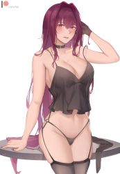 Rule 34 | 1girl, bad id, bad pixiv id, belt collar, black gloves, black panties, black thighhighs, blush, breasts, cleavage, closed mouth, collar, collarbone, commentary request, fate/grand order, fate (series), garter belt, garter straps, gloves, hair intakes, hand in own hair, hand up, has bad revision, has cropped revision, highres, large breasts, leaning on object, legs together, long hair, looking at viewer, nail polish, no pants, panties, purple hair, red eyes, revision, rifu (643763873), scathach (fate), simple background, single glove, solo, standing, table, tank top, thighhighs, thighs, underwear, very long hair, white background