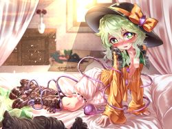 1girl bloomers blouse blush boots breasts cross-laced_footwear green_eyes green_hair hair_ribbon highres kaenbyou_rin kaenbyou_rin_(cat) knee_boots komeiji_koishi lace-up_boots long_sleeves lying nomayo nose_blush on_bed on_side open_clothes open_shirt petticoat reiuji_utsuho reiuji_utsuho_(bird) ribbon shirt skirt unworn_skirt small_breasts touhou underwear wet wet_clothes