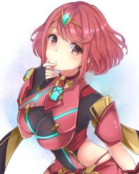 Rule 34 | 1girl, blush, breasts, covered navel, earrings, fingerless gloves, gloves, graphite (medium), hair ornament, highres, jewelry, kokiri miki, large breasts, looking at viewer, nintendo, pyra (xenoblade), red eyes, red hair, short hair, shorts, sidelocks, simple background, solo, tiara, traditional media, white background, xenoblade chronicles (series), xenoblade chronicles 2, xenoblade chronicles (series), xenoblade chronicles 2