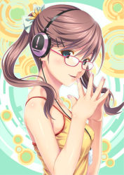 Rule 34 | 1girl, blue eyes, brown hair, cable, camisole, glasses, hair ornament, hairclip, headphones, koutaro, nail polish, original, pink nails, smile, solo