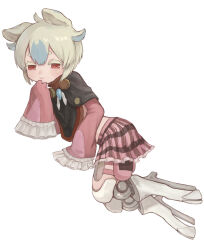 1boy animal_ears blue_hair closed_mouth frilled_sleeves frills full_body green_hair highres long_sleeves made_in_abyss male_focus mechanical_legs menae_(made_in_abyss) mmommmmoo multicolored_hair pink_skirt plaid_clothes plaid_skirt red_eyes short_eyebrows short_hair simple_background skirt sleeves_past_fingers sleeves_past_wrists solo white_background