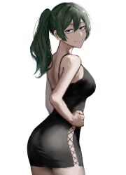 Rule 34 | 1girl, alternate costume, ass, black dress, breasts, closed mouth, cross-laced clothes, cross-laced dress, dress, green hair, hair between eyes, hand on own hip, highres, large breasts, long hair, looking at viewer, looking to the side, pencil dress, purple eyes, raberu ruru, side ponytail, side slit, simple background, sleeveless, sleeveless dress, smile, solo, sousou no frieren, spaghetti strap, ubel (sousou no frieren)