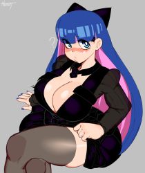 Rule 34 | 1girl, black dress, blue eyes, blush, bow, breasts, cleavage, clothes lift, colored inner hair, commentary request, crossed legs, dress, food, hair bow, hair ornament, hairclip, highres, lace, lace trim, large breasts, long hair, looking at viewer, md5 mismatch, multicolored hair, nail polish, nezulet, panty &amp; stocking with garterbelt, resolution mismatch, skirt, skirt lift, solo, source larger, stocking (psg), sweets, thick thighs, thighhighs, thighs