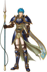 Rule 34 | 1boy, armor, armored boots, blue eyes, blue hair, boots, fire emblem, fire emblem: radiant dawn, full body, geoffrey (fire emblem), highres, kita senri, lance, male focus, matching hair/eyes, nintendo, polearm, simple background, solo, standing, weapon, white background