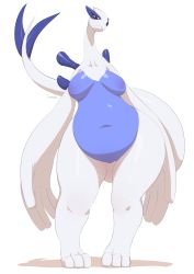 Rule 34 | 1girl, animal hands, artist name, breasts, creatures (company), feet, female focus, full body, furry, furry female, game freak, gen 2 pokemon, half-closed eyes, highres, legendary pokemon, looking at viewer, lugia, medium breasts, navel, nintendo, no nipples, no pussy, nude, personification, pigeon-toed, plump, pokemon, pokemon (creature), pokemon gsc, red eyes, shiny skin, signature, simple background, solo, source request, standing, sunibee, tail, text focus, white background