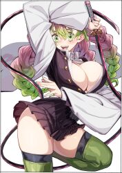 Rule 34 | 1girl, absurdres, black jacket, blush, braid, breasts, buttons, cleavage, collared shirt, demon slayer uniform, gradient hair, green eyes, green thighhighs, hair between eyes, hands up, haori, highres, jacket, japanese clothes, kanroji mitsuri, kei (soundcross), kimetsu no yaiba, large breasts, long hair, long sleeves, looking at viewer, mole, mole under eye, multicolored hair, off shoulder, open clothes, open jacket, open mouth, open shirt, pink hair, shirt, smile, solo, sword, thighhighs, thighs, twin braids, upper body, weapon, white shirt