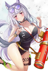 Rule 34 | 1girl, animal ears, black one-piece swimsuit, blush, bracelet, breasts, cleavage, closed mouth, collarbone, ear piercing, eyewear on head, gold ship (run revolt launcher) (umamusume), gold ship (umamusume), grey hair, gun sling, hanamura pink, highleg, highleg swimsuit, highres, holster, horse ears, horse girl, horse tail, jewelry, large breasts, long hair, looking at viewer, necklace, official alternate costume, one-piece swimsuit, piercing, purple eyes, solo, sunglasses, swimsuit, tail, thigh holster, thigh strap, umamusume, very long hair, water gun, white background