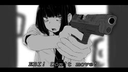 Rule 34 | 1girl, absurdres, blunt bangs, blurry, blurry background, blush, border, ear piercing, english text, greyscale, gun, handgun, highres, holding, holding gun, holding weapon, hs2000, jewelry, monochrome, necklace, open mouth, original, piercing, shirt, short hair, short sleeves, solo, sweat, taida, weapon, weapon request
