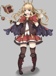 Rule 34 | 10s, 1girl, black thighhighs, blonde hair, book, boots, bracelet, bracer, brown thighhighs, cagliostro (granblue fantasy), cape, crown, floating, frilled skirt, frills, full body, granblue fantasy, hairband, highres, jewelry, knee boots, koenza botoke, levitation, long hair, purple eyes, round teeth, skirt, solo, teeth, thighhighs, zettai ryouiki