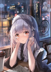 Rule 34 | 1girl, absurdres, apron, cafe, chosunbe, city, city lights, commentary, constricted pupils, cup, disposable cup, elbow rest, eraser, grey hair, hair ribbon, hand on own cheek, hand on own face, highres, indoors, japanese clothes, kimono, lamp, lamppost, long hair, looking at viewer, maid, maid apron, maid headdress, night, note, on chair, original, paper, picture frame, rain, ribbon, sitting, sleeves past elbows, solo, tearing up, tears, teruterubouzu, urban, wa maid, white hair, white headdress, white ribbon, window, yellow eyes