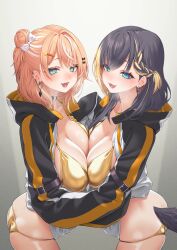 Rule 34 | 2girls, :d, anchor earrings, ass, bikini, black hair, black jacket, blonde hair, blue eyes, bow, breast press, breasts, cleavage, cosplay, earrings, gishu, gold bikini, gradient background, grey background, hair bow, hair bun, highres, igarashi rika, jacket, jewelry, large breasts, long sleeves, looking at viewer, multicolored hair, multiple girls, nijisanji, open clothes, open jacket, open mouth, orange hair, petra gurin, petra gurin (1st costume), petra gurin (cosplay), single hair bun, smile, swimsuit, symmetrical docking, tail, two-tone hair, virtual youtuber, white bow, white hair
