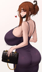 Rule 34 | 1girl, alternate costume, alternate hairstyle, ass, bag, breasts, brown eyes, brown hair, curvy, dragon&#039;s crown, dress, earrings, grin, hair bun, hair ornament, hair stick, handbag, heart, highres, holding, holding bag, huge breasts, jewelry, lips, long hair, looking back, mask, mask pull, mouth mask, pantylines, purple dress, red nails, roresu, sideboob, sidelocks, smile, solo, sorceress (dragon&#039;s crown), surgical mask, taut clothes, taut dress, thick eyebrows
