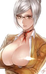 Rule 34 | 10s, 1girl, bad id, bad twitter id, breasts, brown eyes, cleavage, glasses, large breasts, looking at viewer, prison school, shiraki meiko, short hair, silver hair, solo, tcb, upper body