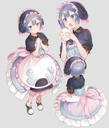 Rule 34 | 1boy, blue hair, capelet, corset, dress, e (ejkfogksiu sjsial), eating, food, frilled dress, frills, grey background, highres, holding, holding food, made in abyss, maid headdress, male focus, maruruk, own hands together, purple eyes, shoes, short hair, simple background, sitting, smile, solo, standing, trap, whistle