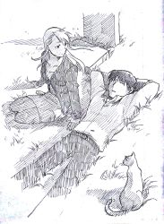 Rule 34 | 1boy, 1girl, animal, arms behind head, black eyes, black hair, blackfoxes, cat, dress, closed eyes, fullmetal alchemist, grass, greyscale, highres, jacket, long hair, looking at another, lying, monochrome, on back, pants, riza hawkeye, roy mustang, serious, shirt, short hair, simple background, sleeping, tombstone, white background