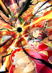 Rule 34 | 2girls, absurdres, arm cannon, between fingers, bow, detached sleeves, female focus, fighting, givuchoko, hair bow, hakurei reimu, highres, holding, japanese clothes, midriff, miko, multiple girls, red eyes, reiuji utsuho, spell card, touhou, weapon, wings