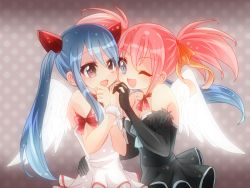 Rule 34 | 2girls, blue hair, breasts, dress, elbow gloves, fairy tail, fcs (frip), female focus, gloves, multiple girls, pink hair, ribbon, sheria blendy, twintails, wendy marvell, wings, wink