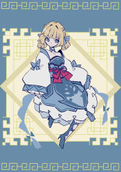 Rule 34 | 1girl, blonde hair, blue choker, blue dress, blue eyes, blue footwear, blue ribbon, breasts, brown dust 2, chinese clothes, choker, closed mouth, demon horns, detached sleeves, dot mouth, dress, full body, hair ribbon, high heels, highres, horns, justia (brown dust), looking at viewer, makeup, medium breasts, red ribbon, ribbon, short hair, short twintails, small horns, solo, strapless, strapless dress, tn scallion, twintails, waist ribbon, white sleeves, wide sleeves