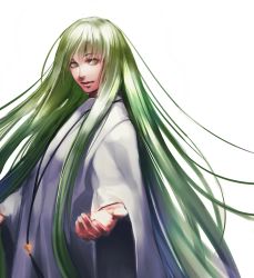 Rule 34 | 1boy, enkidu (fate), fate/strange fake, fate (series), green eyes, green hair, jewelry, long hair, long sleeves, looking at viewer, male focus, necklace, outstretched arm, parted lips, robe, simple background, solo, standing, tenobe, very long hair, white background, white robe, wide sleeves