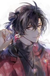 Rule 34 | 1boy, absurdres, antenna hair, black hair, black shirt, brown eyes, closed mouth, constantine xi (eternal roma) (fate), constantine xi (fate), earrings, fate/grand order, fate (series), glint, hair between eyes, hair bun, hand in own hair, highres, jacket, jewelry, lapels, long hair, looking at viewer, male focus, notched lapels, official alternate costume, open clothes, open jacket, pendant, plaid, plaid jacket, red jacket, shirt, simple background, single side bun, smile, solo, turtleneck, umu (um), upper body, white background