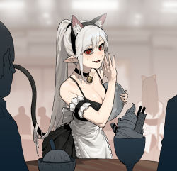 Rule 34 | 1girl, animal ear fluff, animal ears, apron, armband, bare shoulders, bell, black skirt, blurry, blurry background, blush, bow, breasts, cat ears, cat tail, choker, collarbone, commentary, diamond-shaped pupils, diamond (shape), english commentary, fake animal ears, food, food request, frilled apron, frills, gogalking, hairband, highres, ice cream, large breasts, long hair, maid, maid apron, maid cafe, neck bell, open mouth, original, pointy ears, ponytail, red eyes, sidelocks, skirt, slit pupils, smile, solo focus, sweater, symbol-only commentary, symbol-shaped pupils, tail, vampire (gogalking), waist apron, waitress, white hair