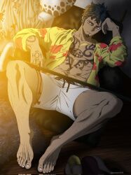 Rule 34 | 1boy, abs, alternate costume, bara, bare pectorals, barefoot, black hair, chest tattoo, facial hair, from above, full body, goatee, hawaiian shirt, highres, knees apart feet together, leg hair, long sideburns, looking at viewer, lying, male focus, mature male, navel, on back, one piece, open clothes, pectorals, pinattsu, sanpaku, shirt, short hair, shorts, sideburns, solo, stomach, tattoo, thick eyebrows, trafalgar law, white shorts