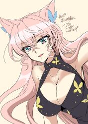 Rule 34 | 1girl, bare shoulders, black dress, breasts, cleavage, dress, green eyes, hair ornament, highres, kanna (plum), large breasts, long hair, looking at viewer, maria cadenzavna eve, open mouth, pink hair, senki zesshou symphogear, solo