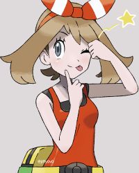 Rule 34 | 1girl, ;p, bare arms, bow hairband, brown hair, closed mouth, commentary, creatures (company), eyelashes, fanny pack, game freak, grey background, grey eyes, hairband, highres, index finger raised, jiffy0v0, may (pokemon), medium hair, nintendo, one eye closed, pokemon, pokemon oras, shirt, simple background, sleeveless, sleeveless shirt, solo, split mouth, star (symbol), tongue, tongue out, upper body, yellow bag