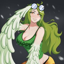 Rule 34 | 1girl, absurdres, adjusting eyewear, breasts, cleavage, clothes writing, coke-bottle glasses, commentary, crop top, english commentary, feathered wings, feathers, glasses, green feathers, green hair, green tank top, harpy, highres, kryokenn, large breasts, long hair, looking at viewer, midriff, monet (one piece), monster girl, one piece, parted lips, smile, solo, tank top, winged arms, wings, yellow eyes
