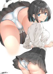 Rule 34 | 1girl, ass, black hair, black skirt, blue hair, blush, colored inner hair, commentary request, hair between eyes, hair ornament, hairclip, highres, long sleeves, looking at viewer, mole, mole on ass, mtu virus, multicolored hair, multiple views, open mouth, original, panties, pleated skirt, school uniform, see-through, see-through panties, shirt, short hair, signature, simple background, skirt, standing, sunsun2812, thighs, trefoil, underwear, white background, white panties, white shirt
