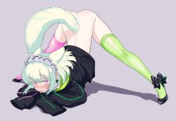 Rule 34 | 1boy, animal ears, aqua hair, ass, black footwear, blush, bottomless, burrrntlemon, cum, green thighhighs, high heels, highres, jack-o&#039; challenge, jacket, lio fotia, maid headdress, male focus, pink theme, promare, purple eyes, silhouette, sleeves past wrists, solo, tail, tears, thighhighs, tongue, tongue out, trap