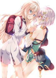Rule 34 | 2girls, antenna hair, armlet, ass, backpack, bad id, bad pixiv id, bag, bare shoulders, blonde hair, blue eyes, bracelet, bridal gauntlets, dress, dual persona, eye contact, flower, green dress, hair between eyes, hair flower, hair ornament, highres, holding hands, interlocked fingers, jewelry, kokkoro (princess connect!), kokkoro (real) (princess connect!), long hair, long sleeves, looking at another, multiple girls, natsume kokkoro (princess connect!), neck ring, numpopo, pleated dress, pointy ears, pouch, princess connect!, purple eyes, randoseru, short hair, silver hair, smile, very long hair, white dress