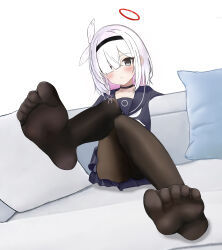 Rule 34 | 1girl, absurdres, blue archive, blush, feet, grey eyes, hair over one eye, hairband, highres, light smile, long hair, looking at viewer, pantyhose, plana (blue archive), silver hair, soles, toes
