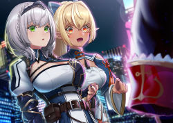 Rule 34 | 3girls, armor, blonde hair, breasts, city, city lights, cityscape, detached sleeves, elf, highres, holding hands, hololive, houshou marine, interlocked fingers, large breasts, multiple girls, night, out of frame, parted lips, pointing, pointy ears, shiranui flare, shiranui flare (old design), shirogane noel, shirogane noel (1st costume), silver hair, virtual youtuber, yanagino (yanagino3), yuri