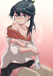 Rule 34 | 1girl, apron, black hair, black hakama, blue eyes, collarbone, commentary request, drunk, fuji (pixiv24804665), gradient background, hakama, hakama skirt, highres, houshou (kancolle), japanese clothes, kantai collection, kappougi, long hair, looking at viewer, off shoulder, pink background, ponytail, skirt, solo, thighhighs, tokkuri, white thighhighs